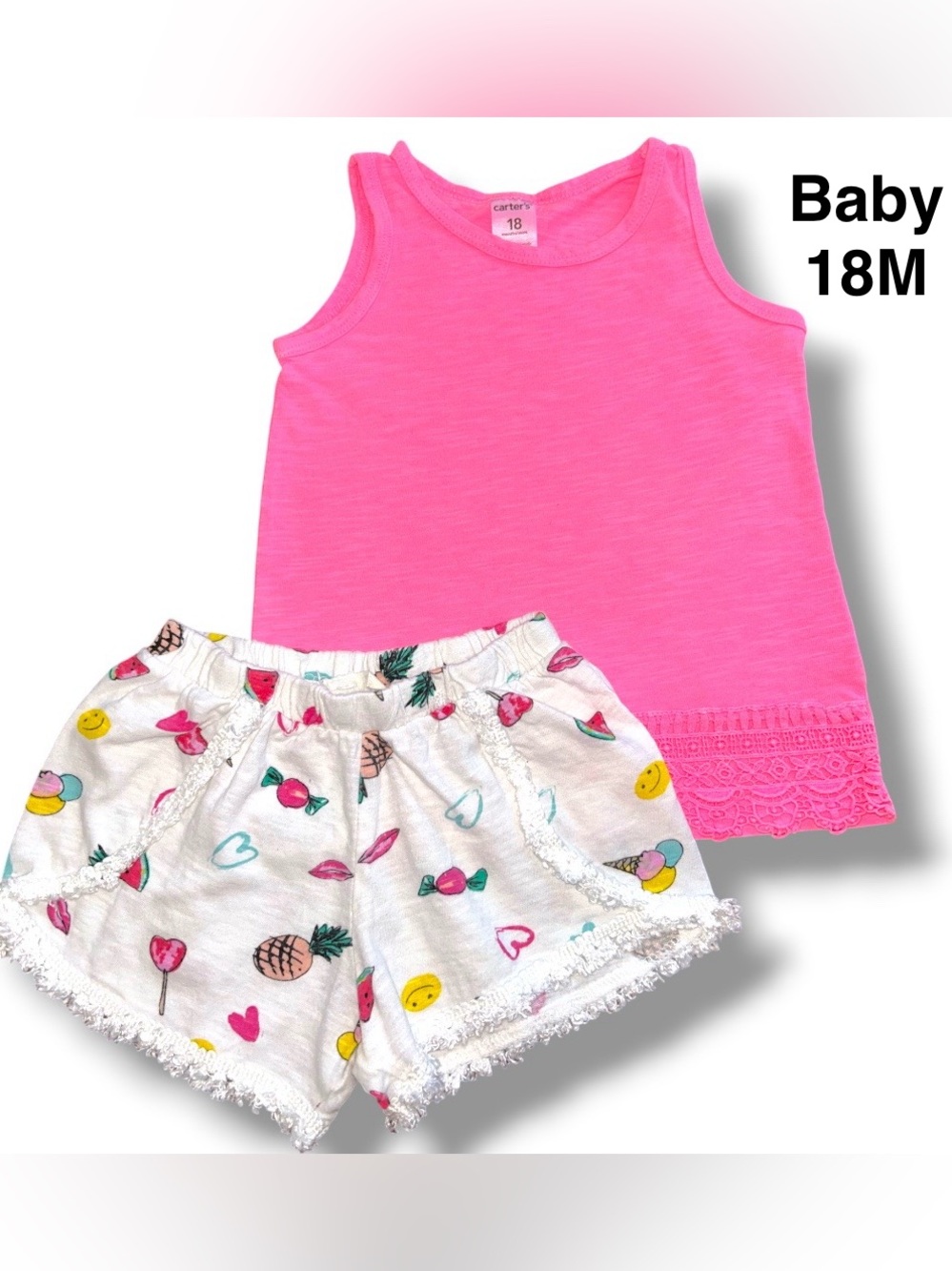 Carter's Bright Pink Tank with White Fruit & Emoji Print Shorts Size 18 Months